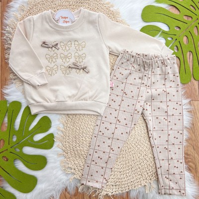 Conj. Casaco de Moletom Lacinhos de Strass e Calça Legging - Areia e Ferrugem